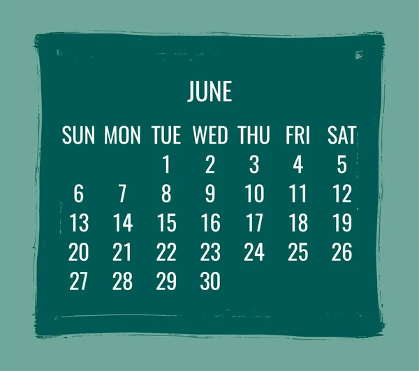 Ιούνιος 2021 Σύγχρονο Διανυσματικό Μηνιαίο Ημερολόγιο Χειροποίητο Πινέλο Απαλό Πράσινο — Διανυσματικό Αρχείο