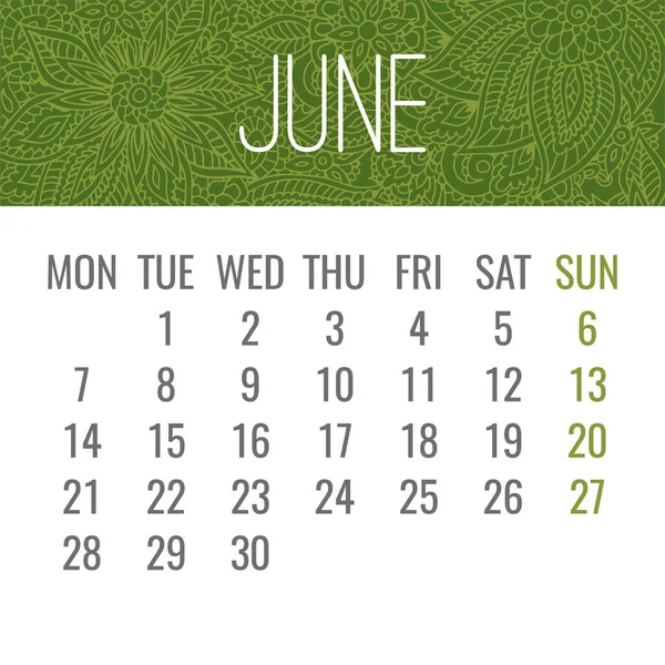 Junho Ano 2021 Vetor Calendário Mensal Sobre Verde Rendado Doodle — Vetor de Stock