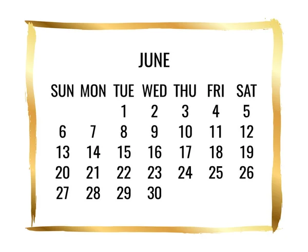 Czerwiec Rok 2021 Wektor Miesięczny Złoty Frame Nowoczesny Kalendarz Tydzień — Wektor stockowy