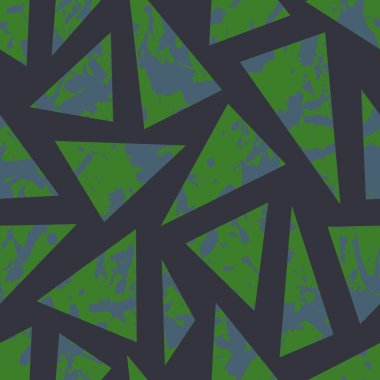 Koyu yeşil boya lekesiz desen, soyut vektör arkaplan. Tekstil, kumaş ve ambalaj kağıtları için renkli tasarım duvar kağıtları. Gri üçgenler üst üste.