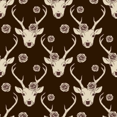 Geyik kafası ve güllerle kusursuz bir desen. Romantik arka plan. Doğa vahşi hayvan vintage kahverengi fon.