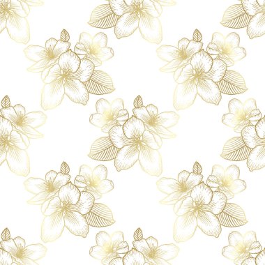 Beyaz üzerinde elma çiçekleri olan güzel, kusursuz çiçek desenleri. Doğanın botanik altın vektör arkaplan çizimi. Stok grafik tasarımı.