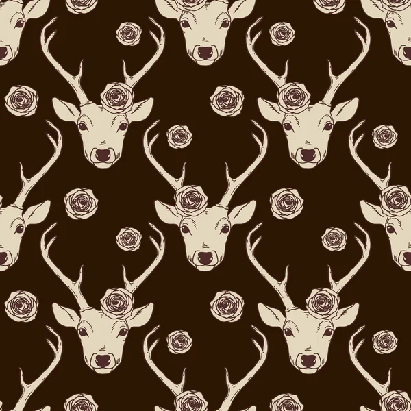 鹿头玫瑰的无缝图案 矢量浪漫的流行背景 大自然野生动物古老的棕色背景 — 图库矢量图片