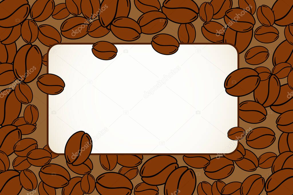 Scattered roasted coffee beans blank frame. Graphic cafe menu template vector illustration.