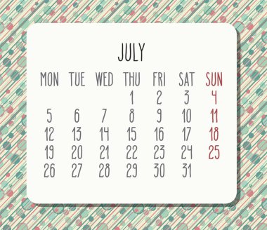 Temmuz 2021 vektör takvimi. Hafta pazartesiden itibaren başlıyor. Pastel renkli noktalar ve çizgiler ışık tasarımı.