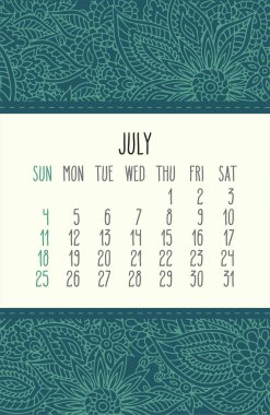 Temmuz 2021 vektör takvimi yeşil dantelli karalama el süslemesi çiçek arkaplanı üzerine. Hafta pazar gününden itibaren başlıyor