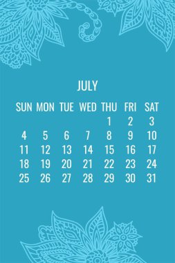 Temmuzda 2021 vektör takvimi dantelli karalama el süslemesi çiçek mavisi arka plan. Hafta pazar gününden itibaren başlıyor