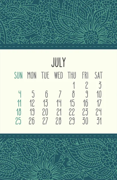 Ιούλιος Έτος 2021 Διανυσματικό Μηνιαίο Ημερολόγιο Πάνω Από Teal Πράσινο — Διανυσματικό Αρχείο