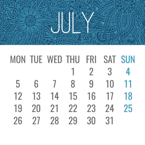 Juli Jaar 2021 Vector Maandelijkse Kalender Blauw Lacy Doodle Sierlijke — Stockvector