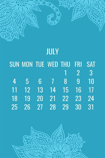 Ιούλιος Έτος 2021 Διανυσματικό Μηνιαίο Ημερολόγιο Πάνω Από Δαντελωτό Σκίτσο — Διανυσματικό Αρχείο