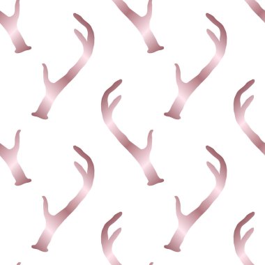 Geyik boynuzlarıyla kusursuz desen. Doğa vektörü arka planı. Beyaz yerine pembe altınla vahşi yaşam arka planı.