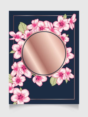 Vektör botanik çiçeği düğün davetiyesi. Pembe elma çiçekleri ve gül sarısı çerçeveli koyu mavi bir kart şablonu. Kutlama kartı ve yıldönümü için romantik tasarım.