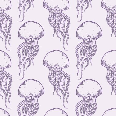 El çizimi denizanası vektörü kusursuz desen. Uzun dokunaçlı Medusa. Mor arkaplan çizimi. Deniz doğası, sualtı yaşam hayvanı..