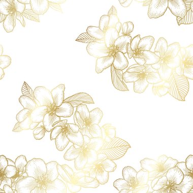 Beyaz üzerinde elma çiçekleri olan güzel, kusursuz çiçek desenleri. Doğanın botanik altın vektör arkaplan çizimi. Stok grafik tasarımı.