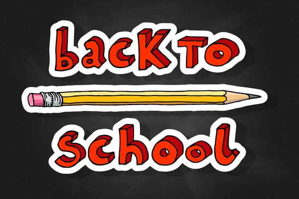 手描きのドアに戻る学校の赤い言葉と黒の黒板に鉛筆 — ストックベクタ