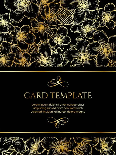 リンゴの花と花の植物黄金のフレーム ダークエレガントなカードテンプレート 結婚式の招待状 グリーティングカード Vip女性製品のための豪華なデザイン 黒の上に金のベクトルイラスト — ストックベクタ