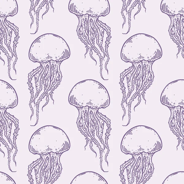 手描きクラゲベクトルシームレスパターン 長い触手のパステルパープルの背景イラストのメデューサ 海の自然水中生物 — ストックベクタ