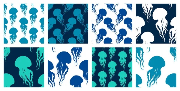 Hand Drawn Jellyfish Vector Seamless Patterns Set Medusa Long Tentacles — Stock Vector