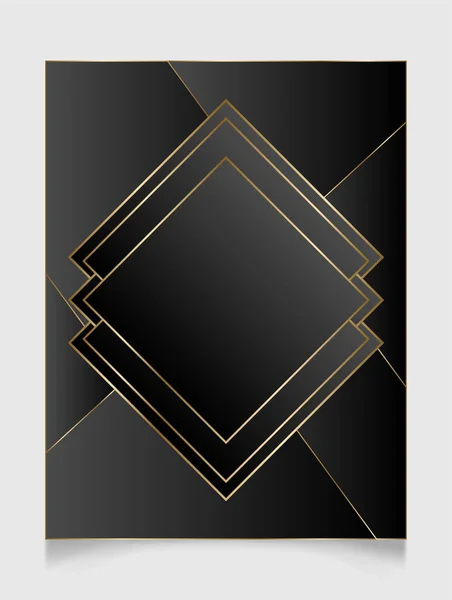 Golden Shiny Glowing Blank Art Deco Frame Black Background Gold — Stock Vector