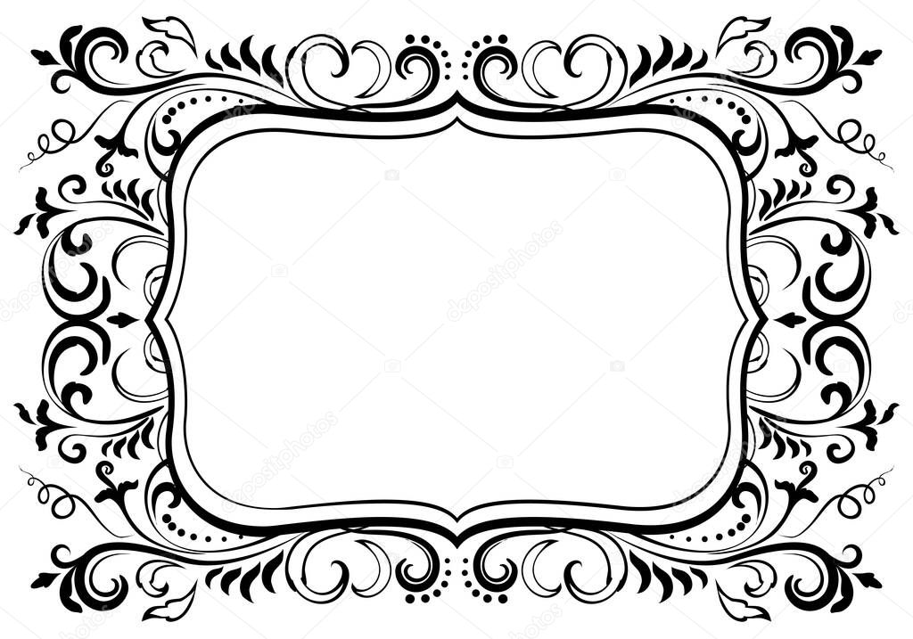 Elegant floral ornamental blank frame in black isolated over white. Victorian baroque border vector background illustration.