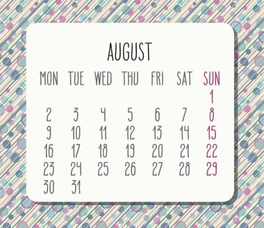 Ağustos 2021 vektör takvimi. Hafta pazartesiden itibaren başlıyor. Pastel renkli noktalar ve çizgiler ışık tasarımı.