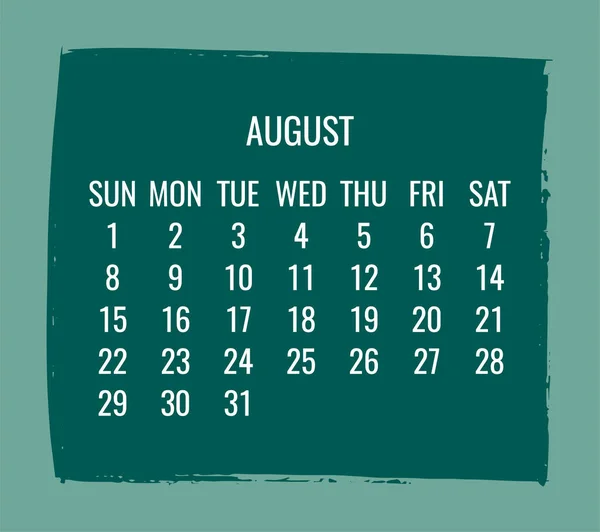 August Year 2021 Contemporary Vector Monthly Calendar Hand Drawn Brush — Wektor stockowy