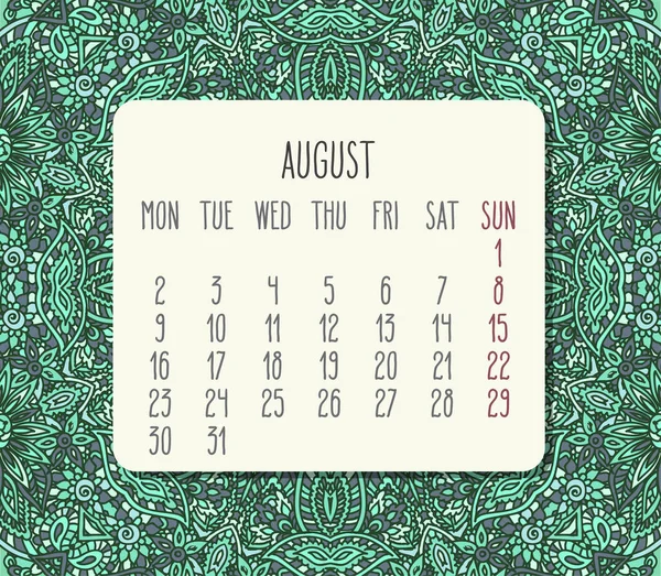2021年8月的病媒月历超过了百合花华丽的手绘绿色背景 星期一开始的一周 — 图库矢量图片