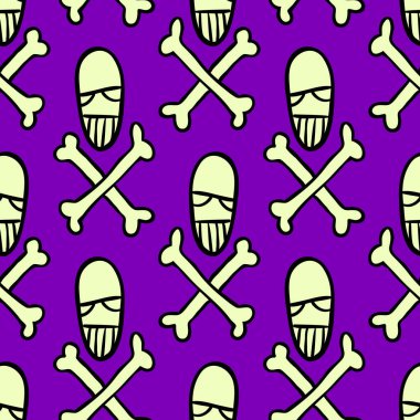 Vektör cadılar bayramı kafatası ve kemikleri kusursuz desen. Parti posteri için tasarım arka planı. El çizimi karikatür çizimi. Mor üzerine izole edilmiş nesneler.