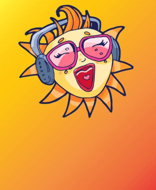 Güneş gözlükleriyle şarkı söyleyen, fotokopi çeken. El çizimi yaz illüstrasyonu.