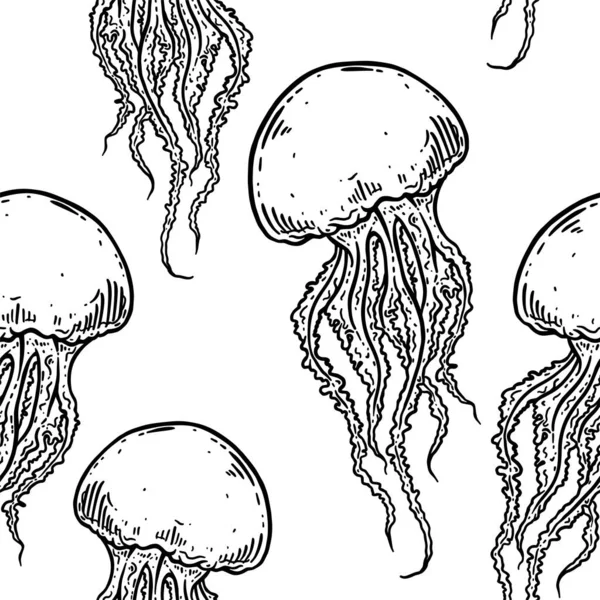 Tangan Digambar Jellyfish Vector Pola Mulus Medusa Dengan Ilustrasi Latar - Stok Vektor