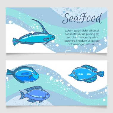 Deniz ürünleri restoranının menü şablonu, el çizimi vektör çizimi. Deniz köpüğündeki balık yemi mavi ve beyaz grafik modeli.