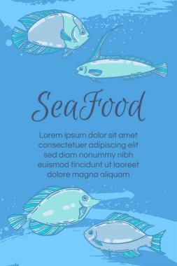 Deniz ürünleri restoranının menü şablonu, el çizimi vektör çizimi. Deniz köpüğündeki balık yemi dalgası mavi grafik modeli.