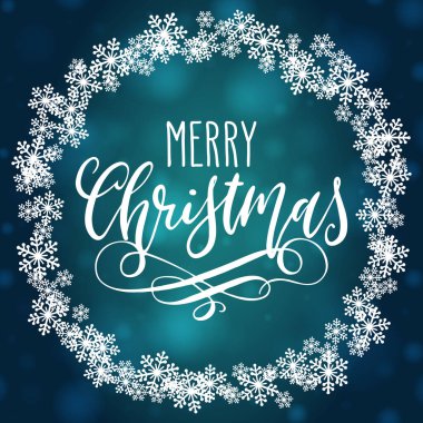 El yazısıyla Noel selamları, beyaz kar taneleri çerçevesinde modern şenlikli el yazısı harfleri. Tatil sezonu tasarımı, vektör illüstrasyonu.