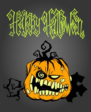 El çizimi Cadılar Bayramı balkabağı ve ürkütücü harfler. Tebrik kartı tasarım şablonu. Koyu gri üzerine tatil vektör illüstrasyonu.