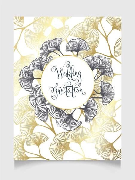 Квіткове Ботанічне Золото Весілля Запрошення Елегантний Шаблон Золотим Монохромним Листя — стоковий вектор
