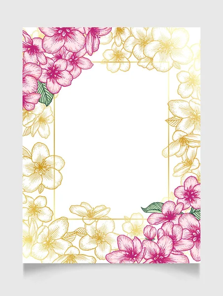 花卉植物婚礼请贴精美的卡片模板与金黄色和粉红色的苹果花 天然化妆品 女性产品的浪漫设计 矢量说明 — 图库矢量图片