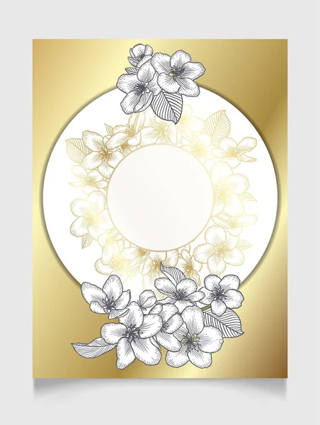 花卉植物金婚宴请贴精美的卡片模板与黄金和单色苹果花 浪漫的矢量圆形框架贺卡设计 — 图库矢量图片