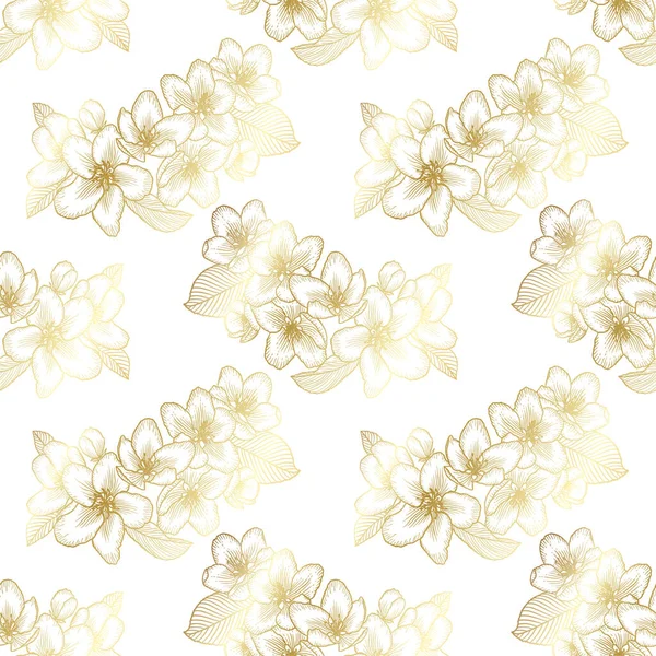 Wunderschönes Goldenes Nahtloses Blumenmuster Mit Apfelblüten Über Weiß Natur Botanischen — Stockvektor