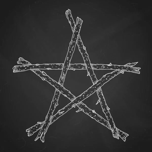 手描きの木製の棒五角形 魔法のオカルトウィッカの星のシンボル 黒の黒板に白でベクトルチョークのイラスト — ストックベクタ