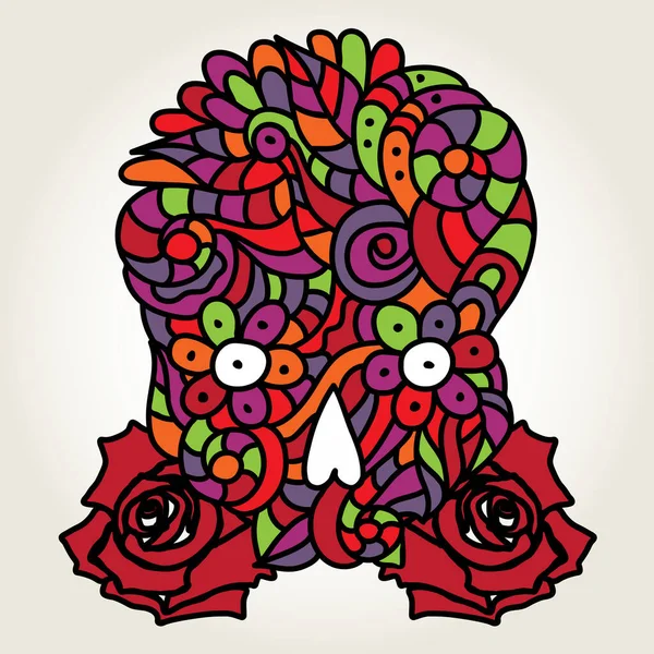 Dia Dos Mortos Halloween Doodle Crânio Multicolorido Brilhante Com Rosas — Vetor de Stock