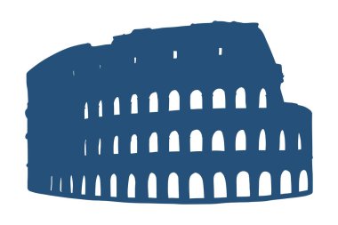 İtalya, Roma 'da Colosseum' un vektör çizimi. Mimari turizm simgesi, seyahat yeri. Elle çizilmiş siluet beyazı izole edilmiş maviyle çizilmiş.