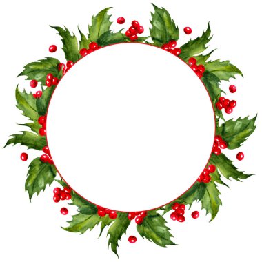 Beyaz üzerine parlak kırmızı böğürtlen çelengi çerçeveli kutsal yaprakların suluboya çizimi, Noel temaları, tatil kartları, mevsimlik dekor ve şenlik tasarım projeleri için mükemmel..