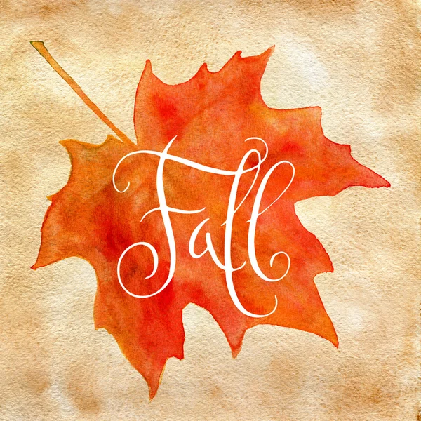 Watercolor maple leaf and Fall word — Stock Photo, Image