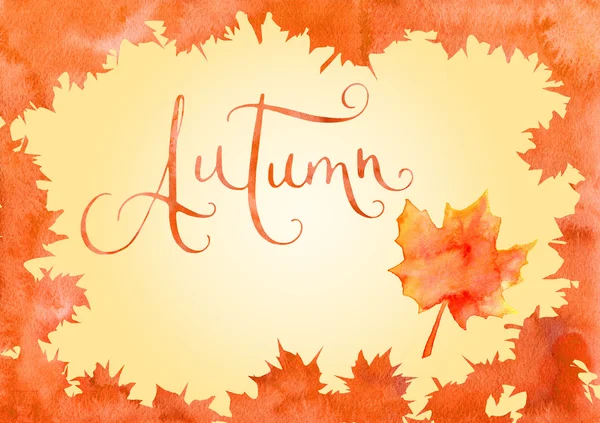 Watercolor maple leaves frame and Autumn word — Stock Photo, Image