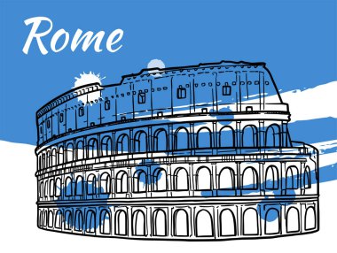 Roma, İtalya 'da Colosseum' un çizgi çizimi. Mimari turizm simgesi, seyahat yeri. Fırça darbelerinin üzerine el çizimi çizimi