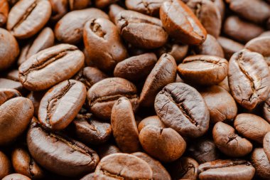 Makro yakın plan kahve çekirdekleri yoğun desenli, kahverengi renkli ve aromatik kahve arkaplanı oluşturuyor..