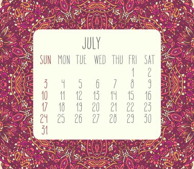 Temmuz 2016 aylık takvim