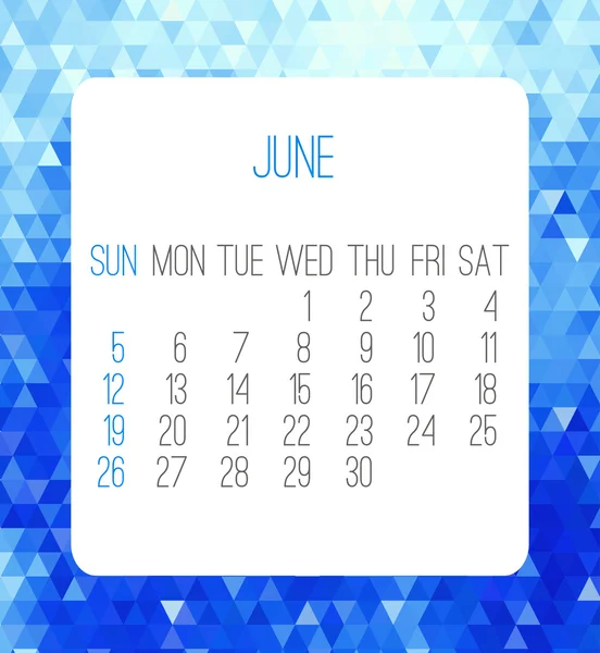 Junio 2016 mes calendario — Vector de stock