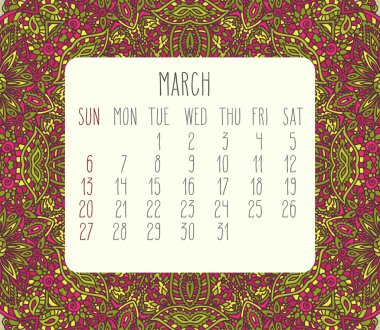 Mart 2016 aylık takvim