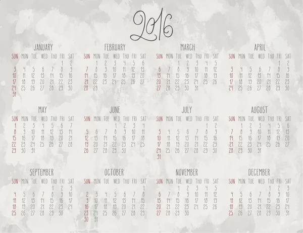 Рік 2016 місячний календар — стоковий вектор